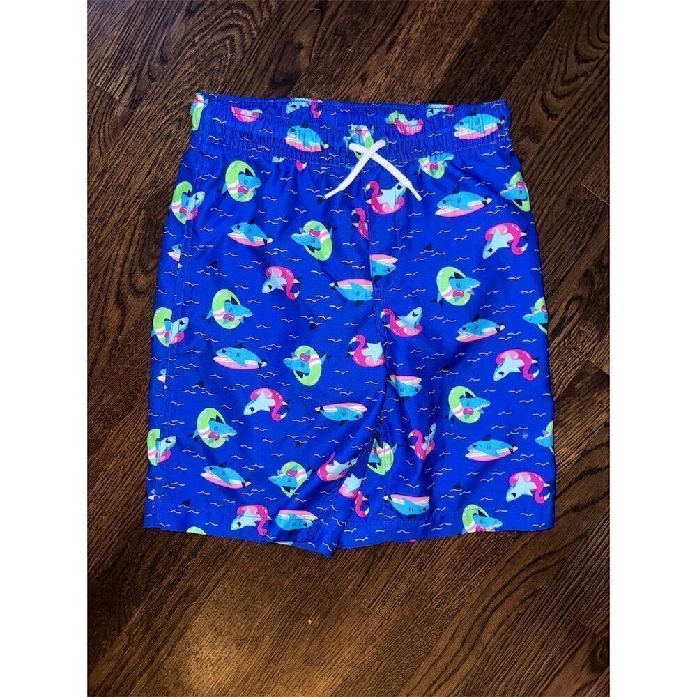 Lands' End Kids Swim Trunks L Blue‎ Shark Surfboard Print Quick-Dry